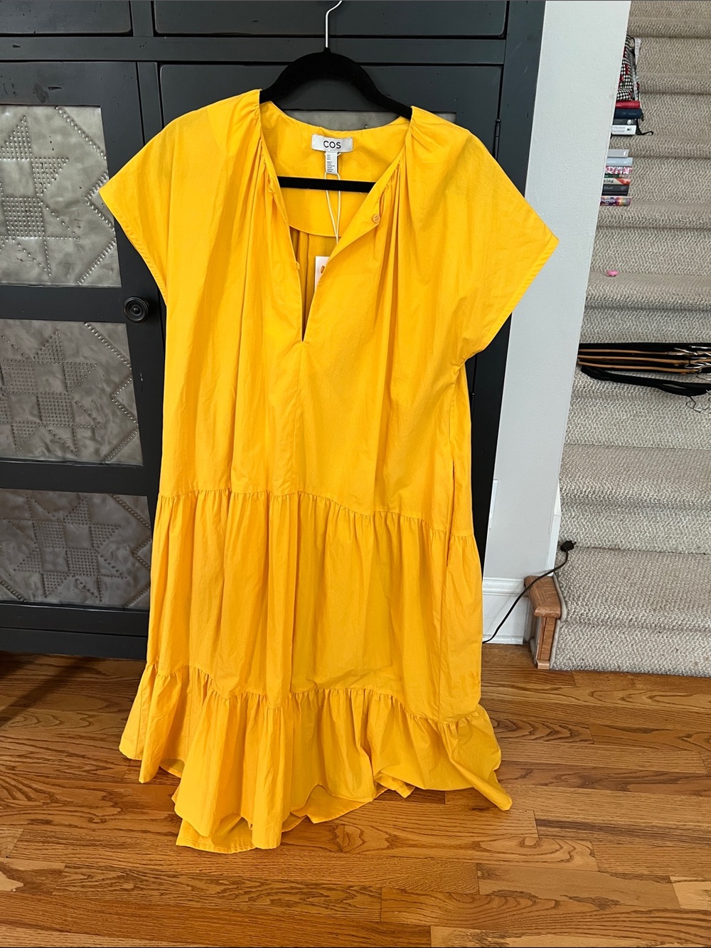COS Yellow Tiered Short-Sleeve Cotton Dress